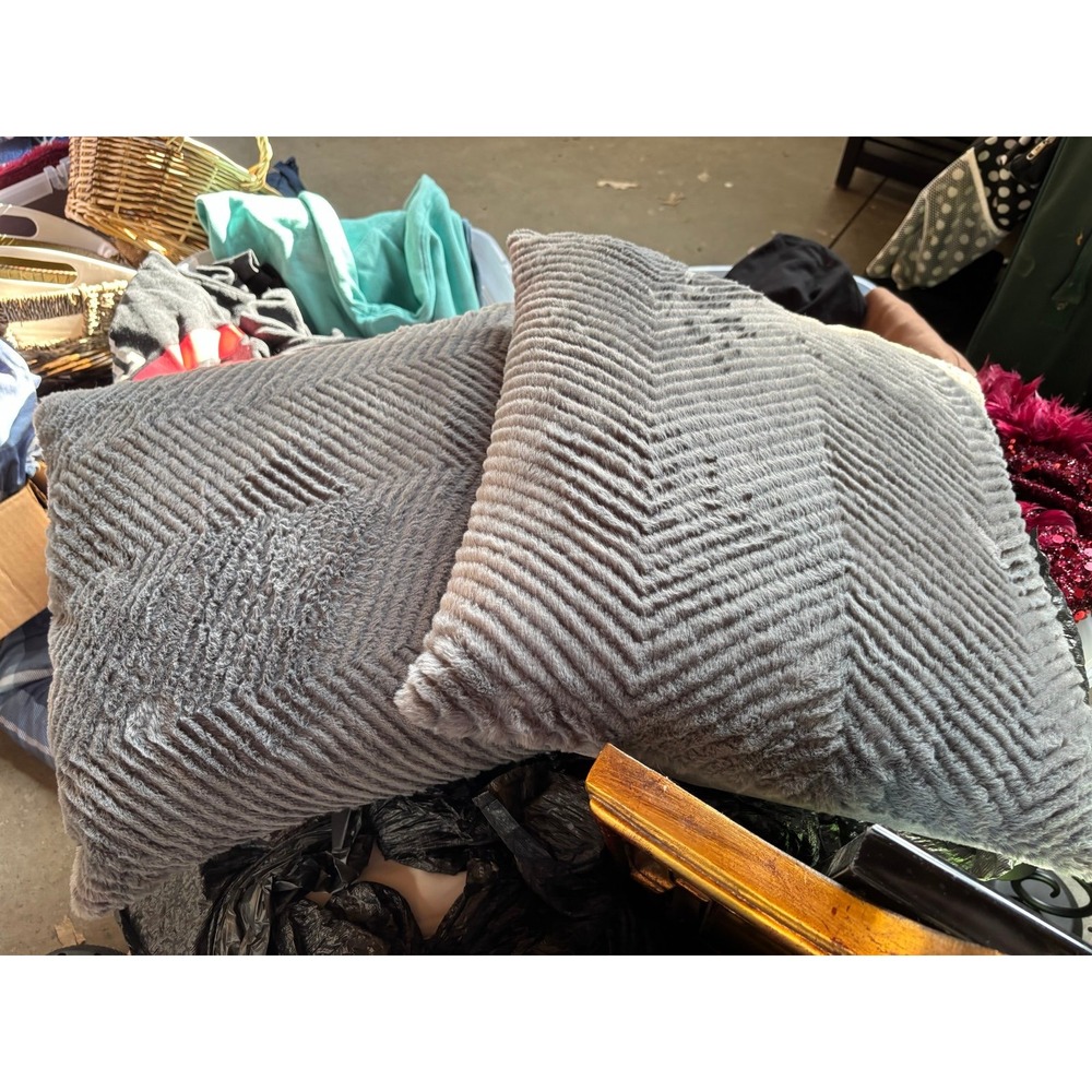 Set of 2 Grey Faux Fur Chevron Throw Pillows